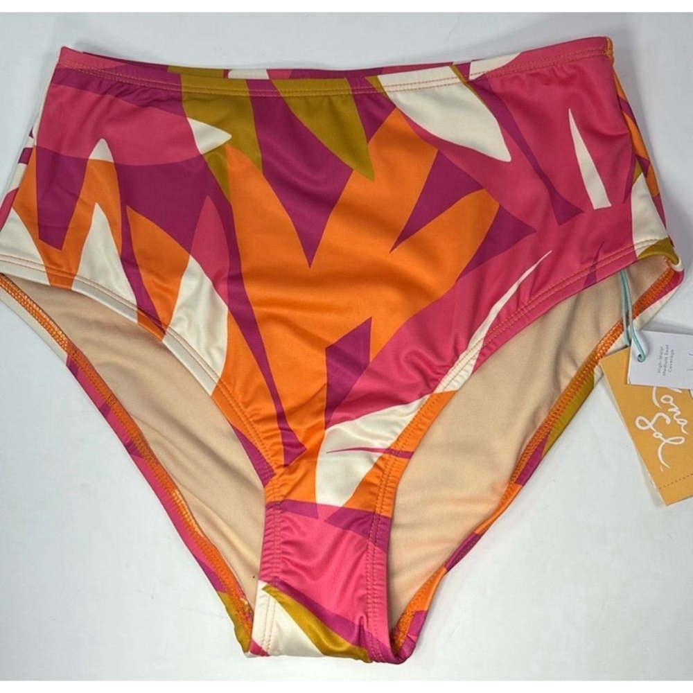 Women's Kona Sol Pink and Orange High Waist Bikini Bottoms - L, XL, 1X, 2X, 3X